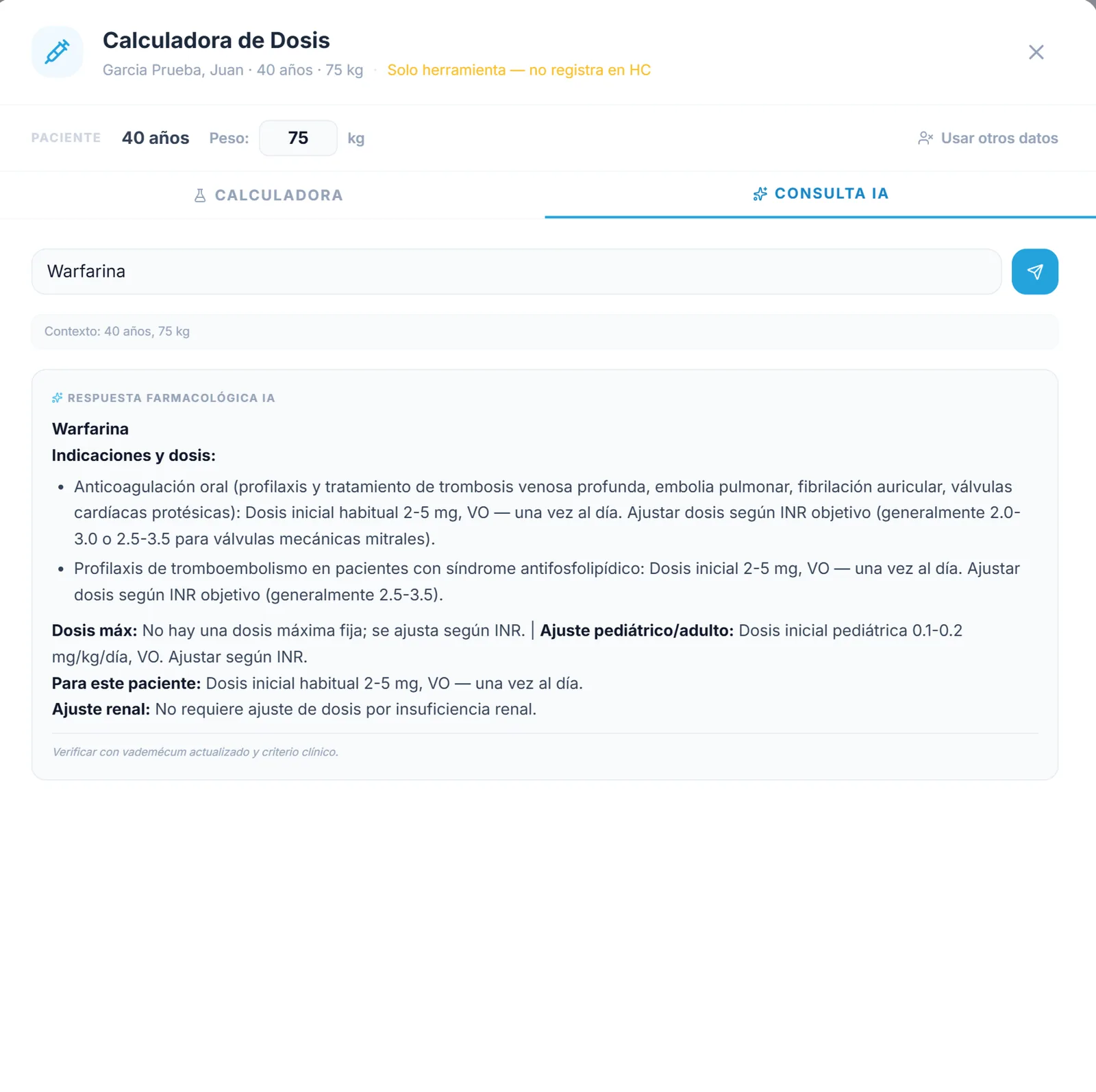 Vademécum IA: indicaciones y dosis de warfarina, ajuste según INR y ajuste renal contextualizados al paciente
