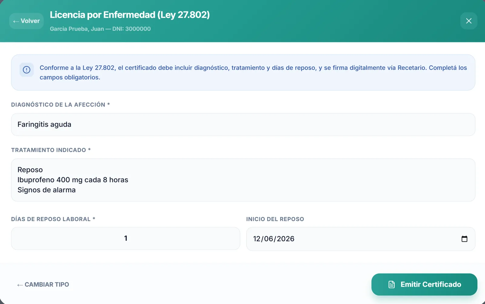 Certificado de Licencia por Enfermedad conforme a la Ley 27.802 con diagnóstico, tratamiento indicado y días de reposo, listo para emitir