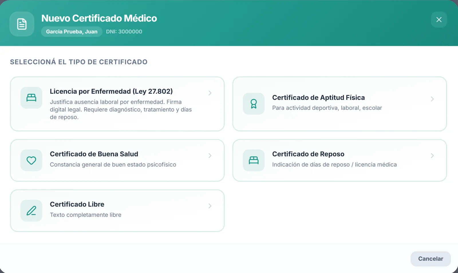 Nuevo Certificado Médico: selección entre Licencia por Enfermedad (Ley 27.802), Aptitud Física, Buena Salud, Reposo y Certificado Libre