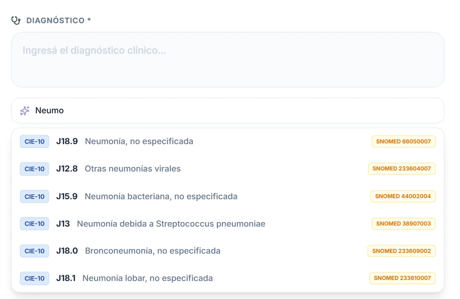 Búsqueda diagnóstica IA: escribir 'Neumo' y ver resultados CIE-10 con códigos SNOMED asociados