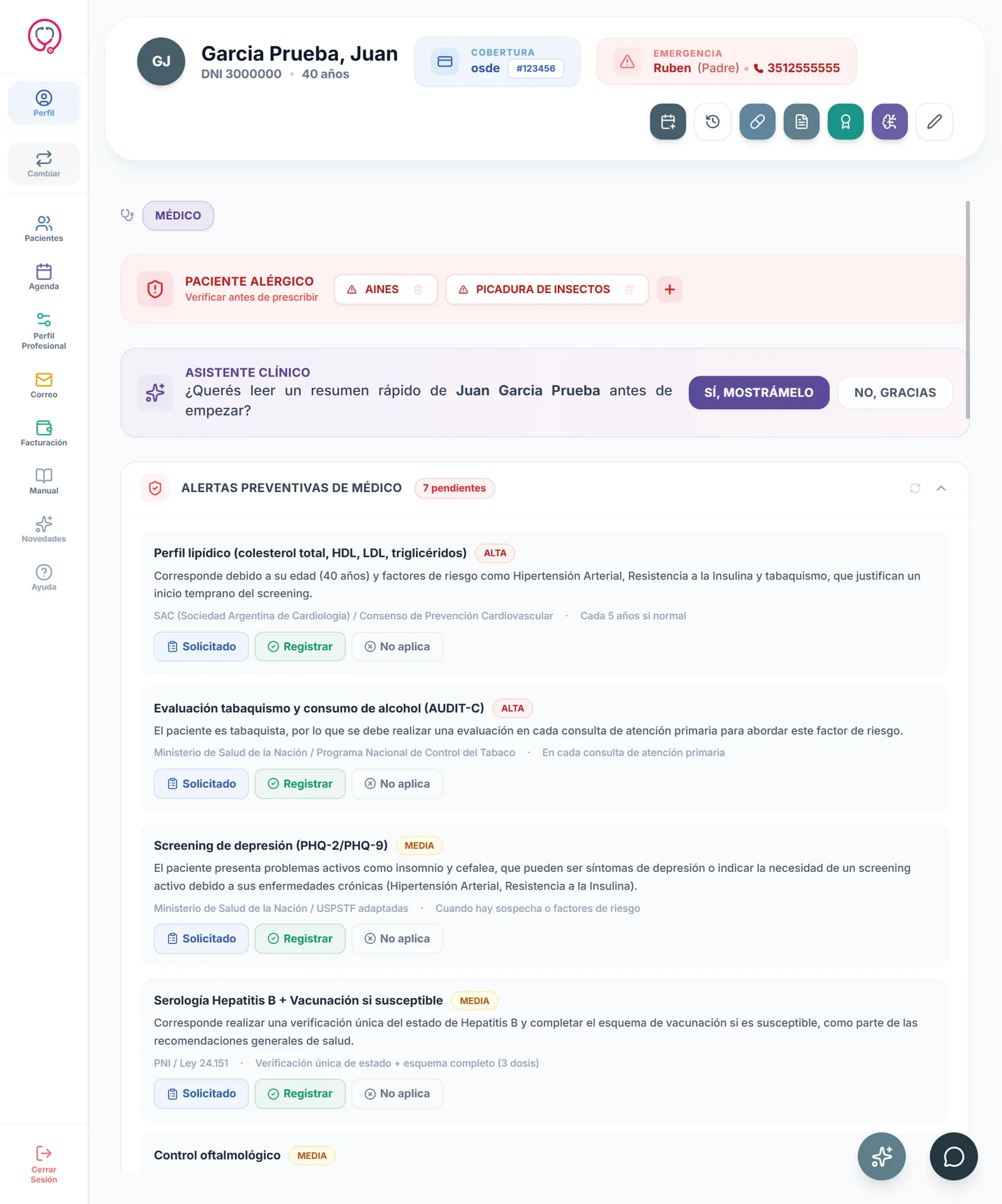 Ficha del paciente con alergias, asistente clínico y alertas preventivas