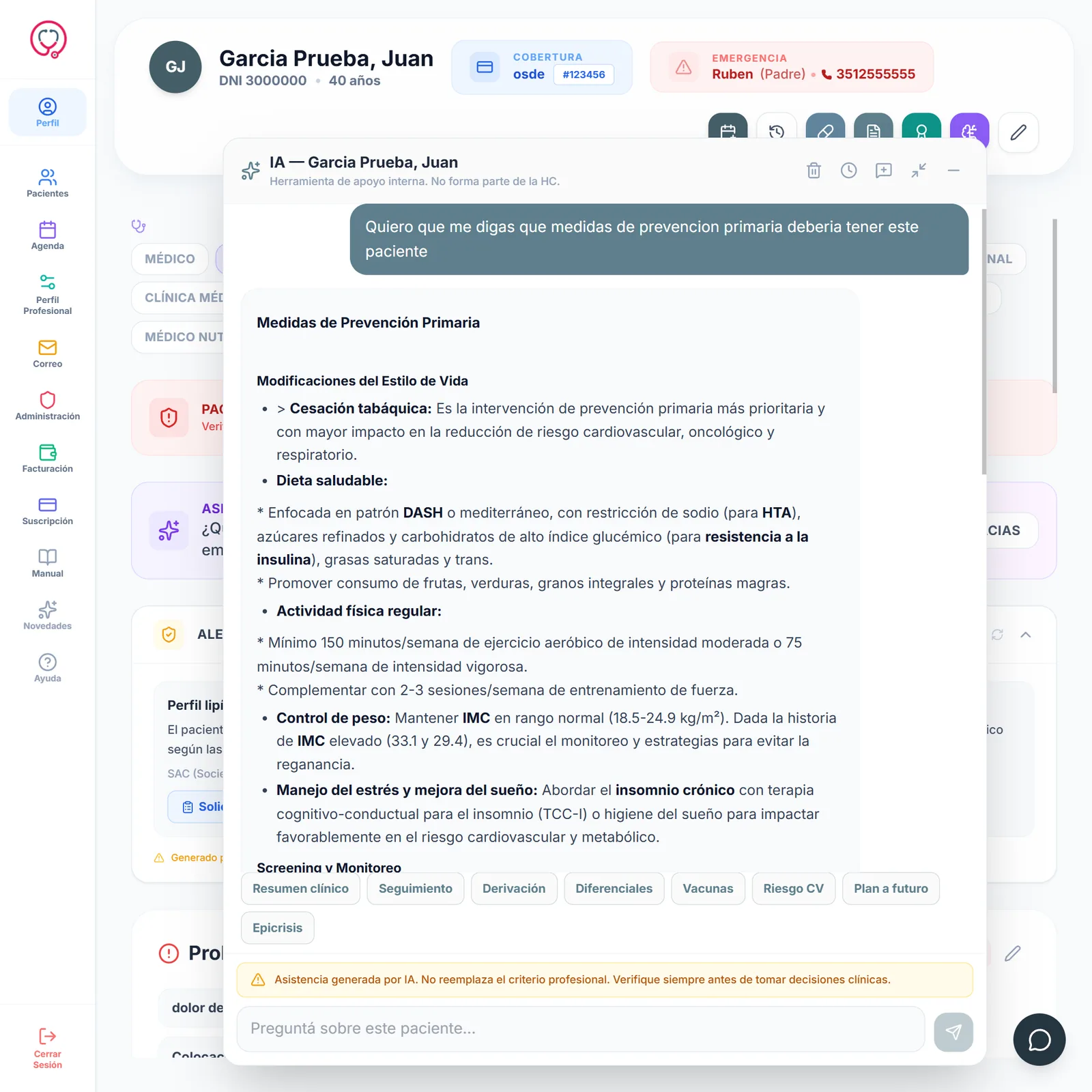 Asistente IA respondiendo qué medidas de prevención primaria corresponden al paciente: cesación tabáquica, dieta, actividad física, control de peso y screening