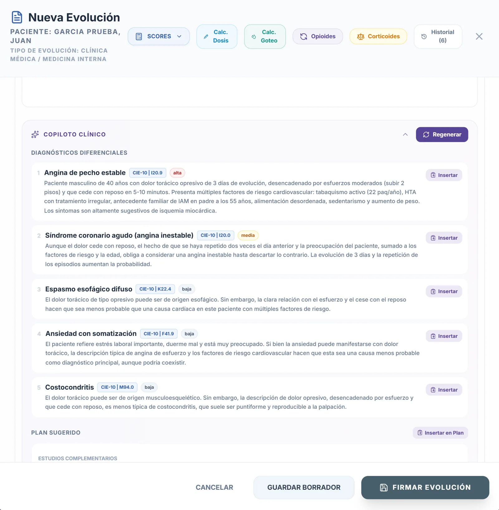 Copiloto clínico con 5 diagnósticos diferenciales para dolor torácico (angina estable, síndrome coronario agudo, espasmo esofágico, ansiedad, costocondritis) con códigos CIE-10 y nivel de probabilidad
