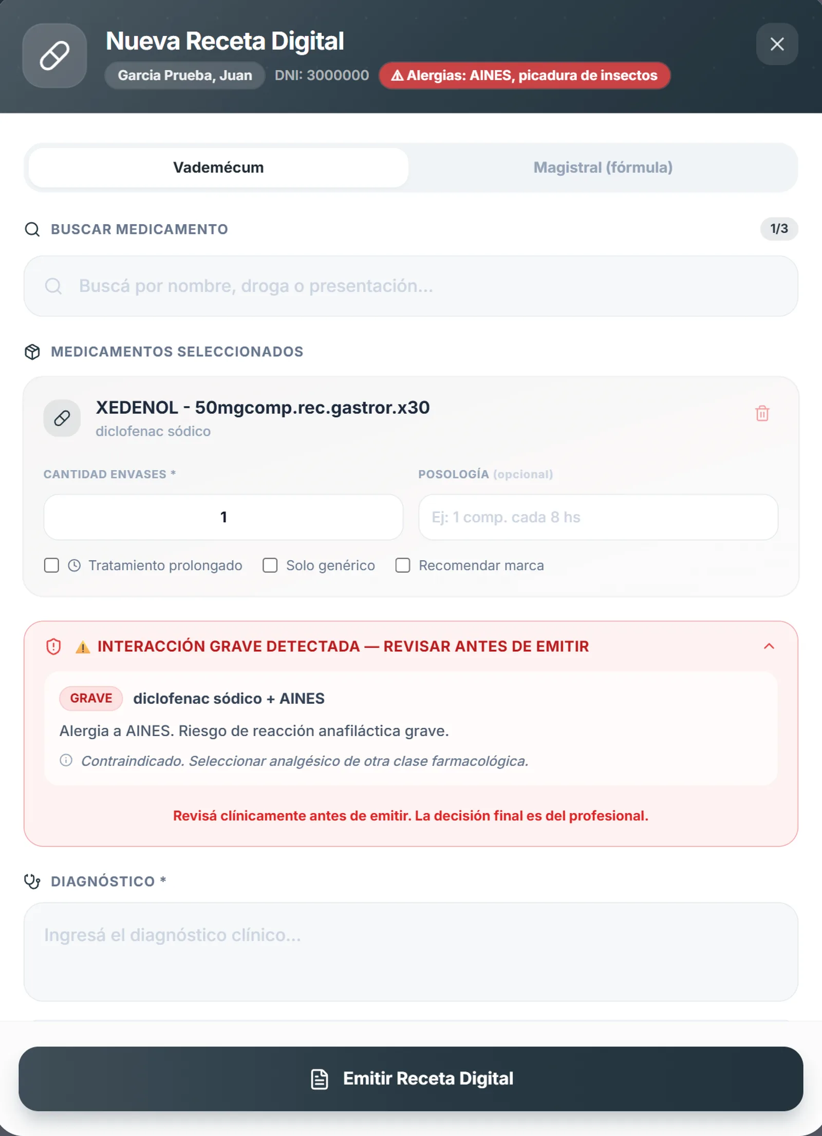 Nueva Receta Digital con interacción GRAVE detectada: diclofenac contraindicado por alergia a AINES del paciente, revisar antes de emitir